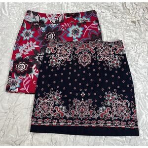 Talbots Set of 2 Mini Skirts Floral Mandala Print Navy Blue Red Pink Size 8